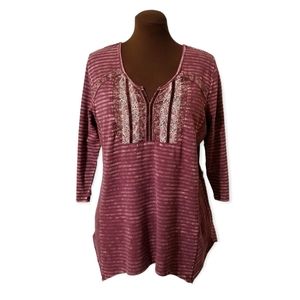 NWT One World Wine Red Tunic | Boho Lace Embellished Striped Top 1X
